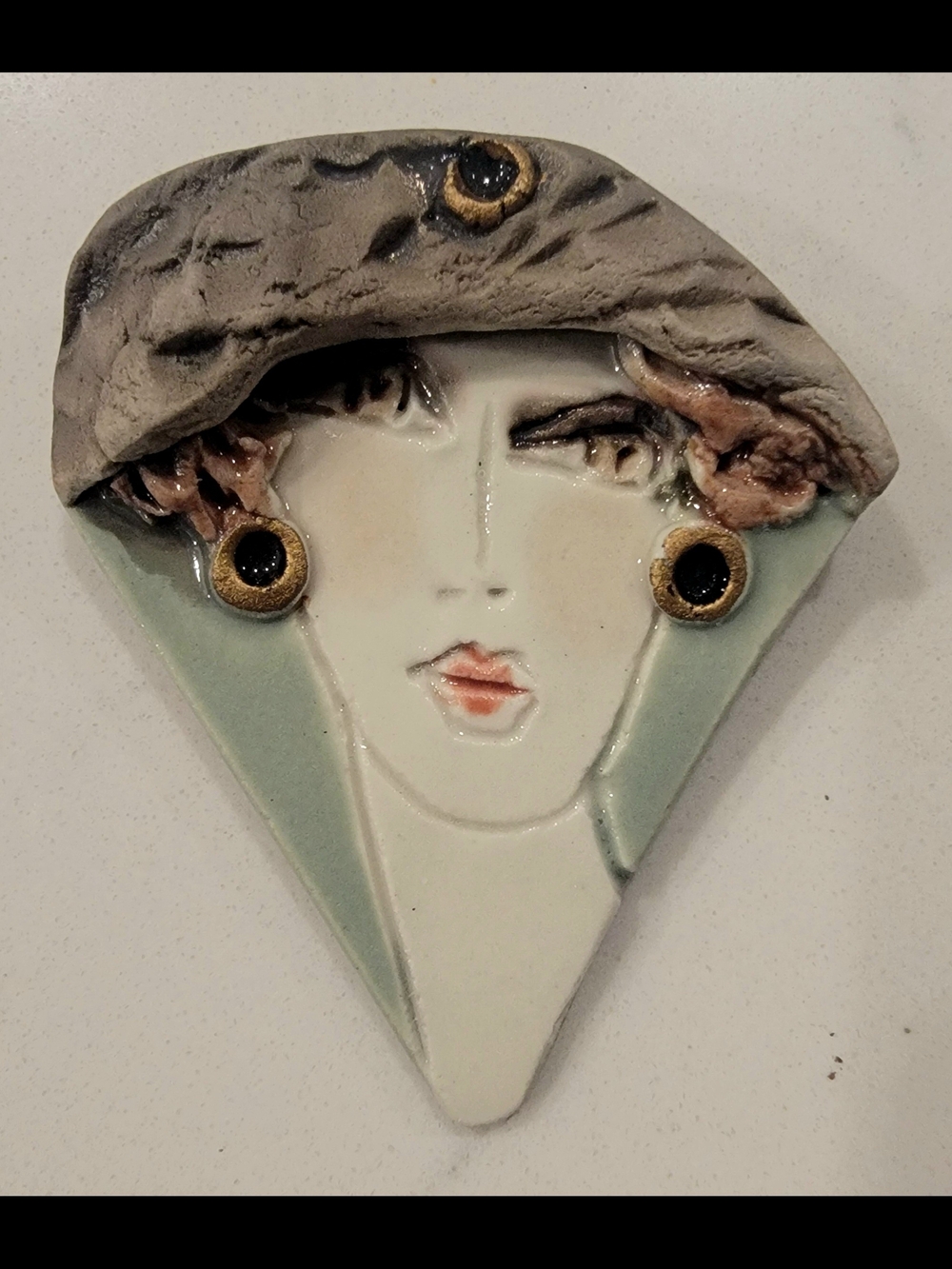 Vintage Art Deco Flapper Lady Face Ceramic Brooch Pin Studio Art Pottery